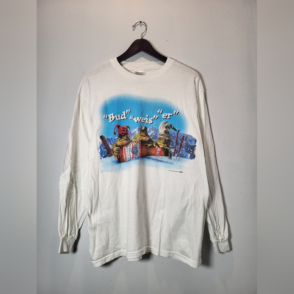 👕🌶 1996 Vintage Budweiser "Skiing Bullfrogs" Promo Longsleeve Shirt